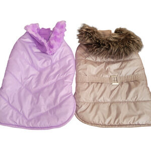 Two Dog Winter Coats Size Med Adjustable Easy on Faux Fur Purple and Beige Color